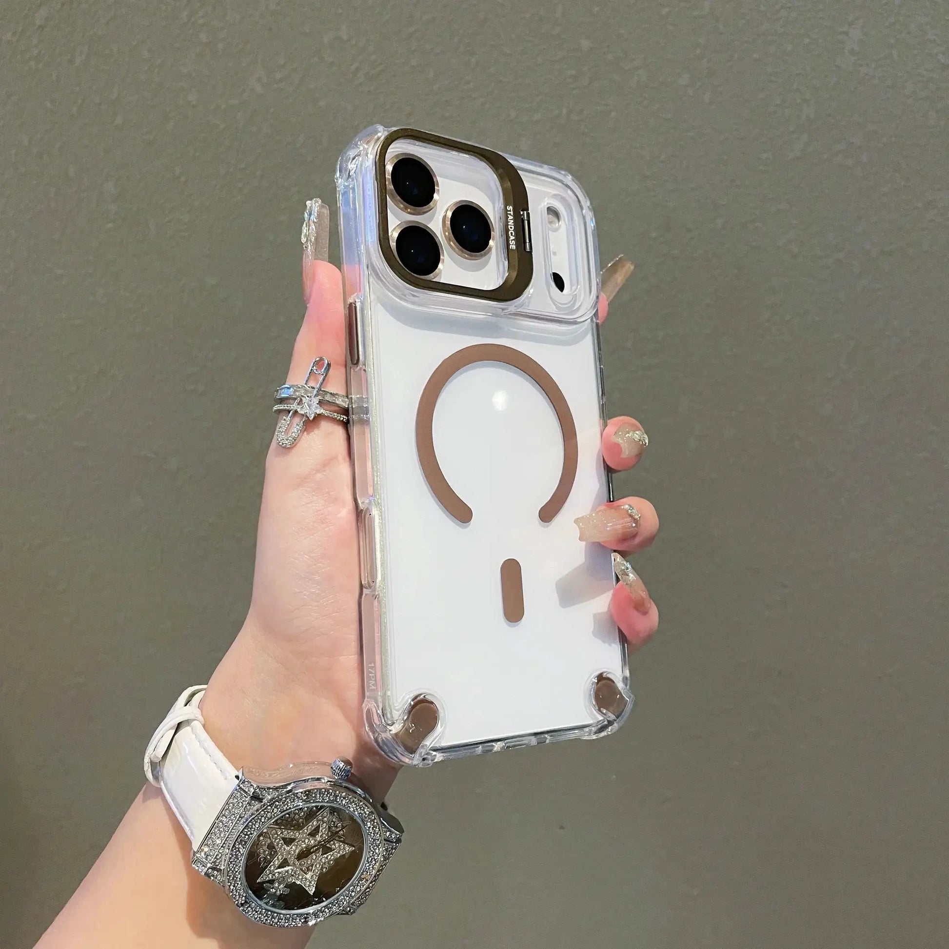 Clear MagSafe shockproof phone case with brown ring stand for iPhone Pro Max, Simples Market