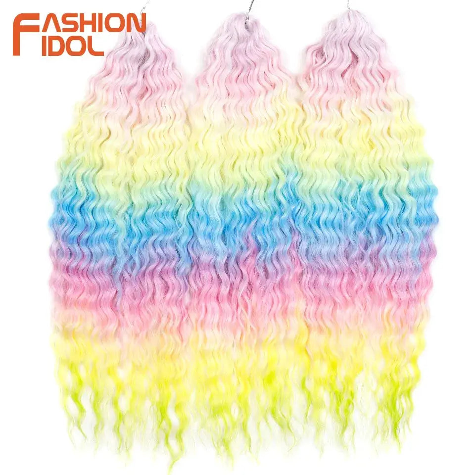 Ariel Hair synthetic twist crochet curly hair, 24in water wave, ombre rainbow pink yellow blue, 3 bundles
