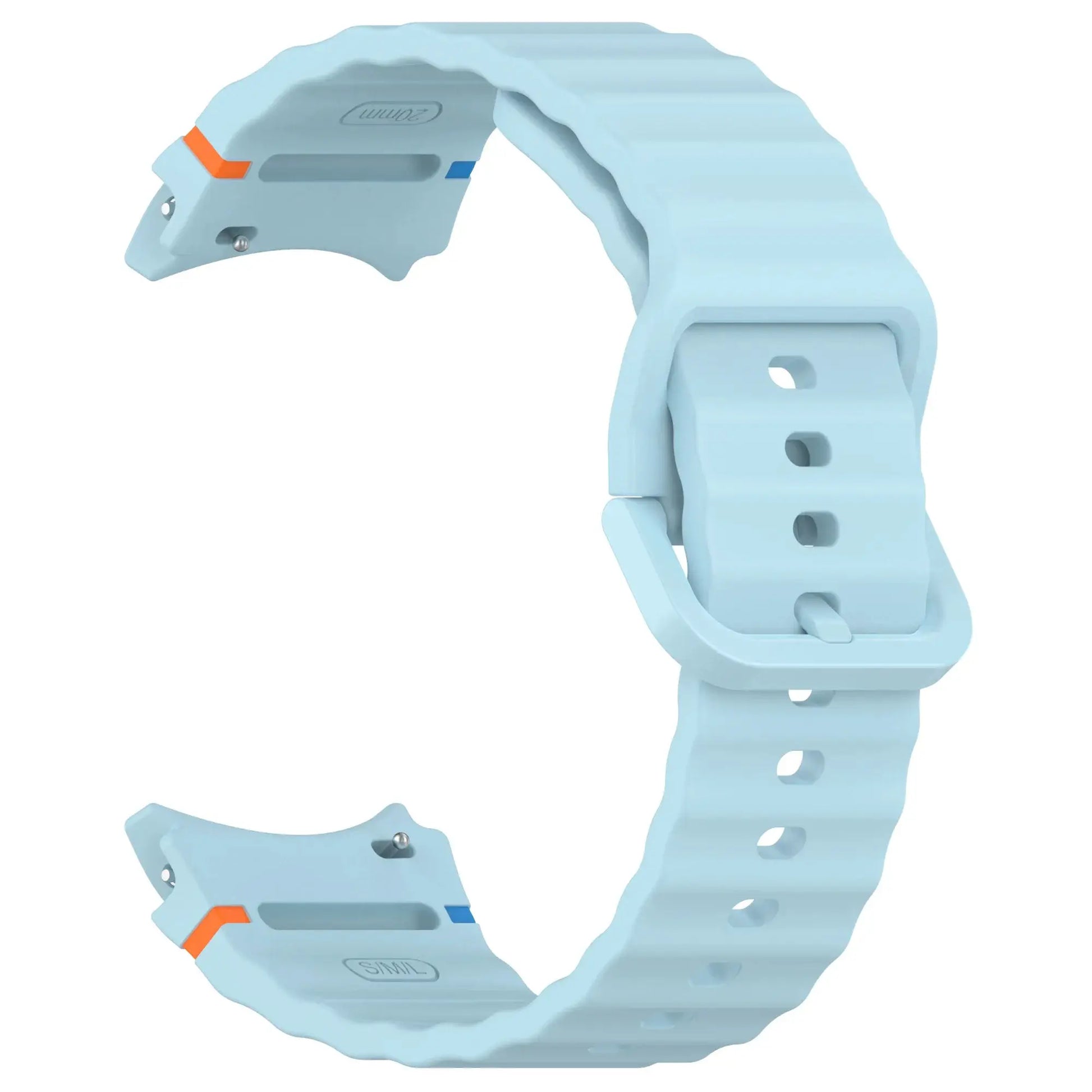 Original silicone Galaxy Watch strap by Simples Market, blue with orange accents, fits 40–44mm models