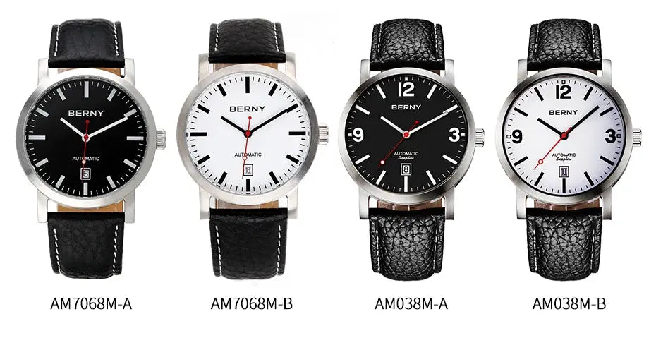 BERNY men's wristwatches set: four automatic watches with black or white dials and leather straps