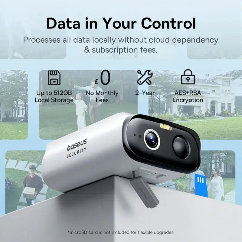 Baseus S1 Lite Solar wireless outdoor security camera; white/black, 2K resolution, 135° FOV, IP67 weatherproof WiFi.