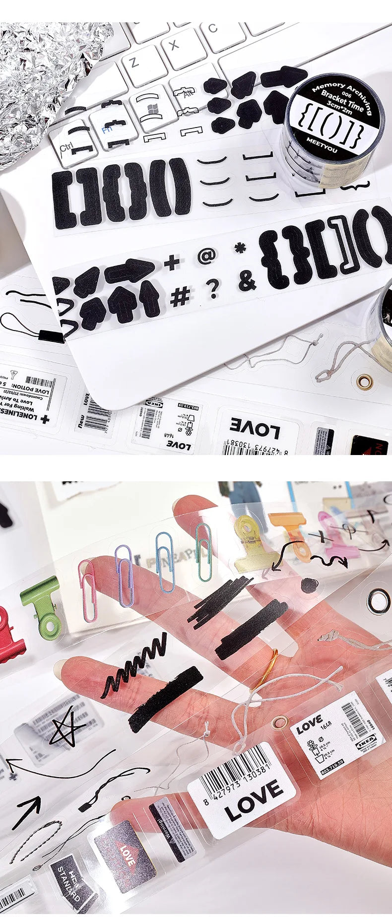 Simples Market decorative adhesive tapes set for memory filing/journaling; black icon strips and label stickers.