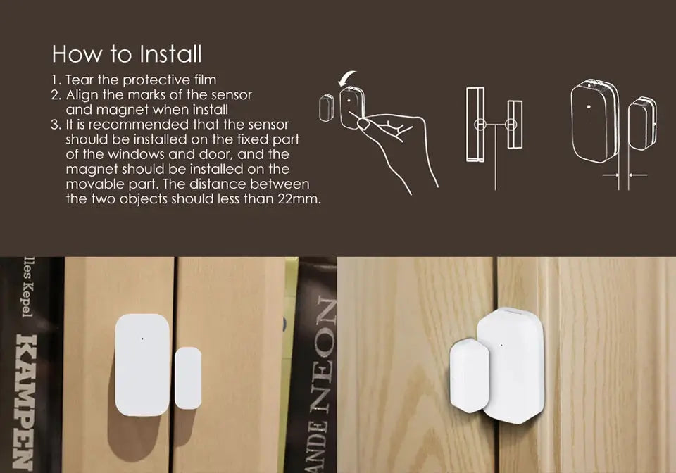 Aqara window/door sensor, two white Zigbee smart sensors mounted on wooden doors