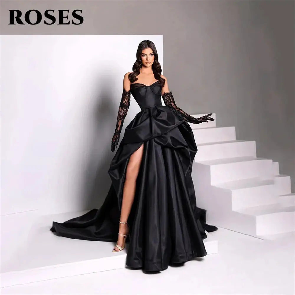 A Line Black Prom Dress Satin Sweetheart Neckline Sleeveless Pleated