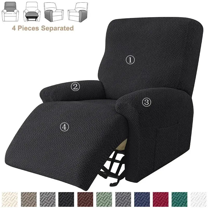 Simples Market 4-piece jacquard stretch recliner sofa cover set in charcoal black, non-slip slipcovers for living room