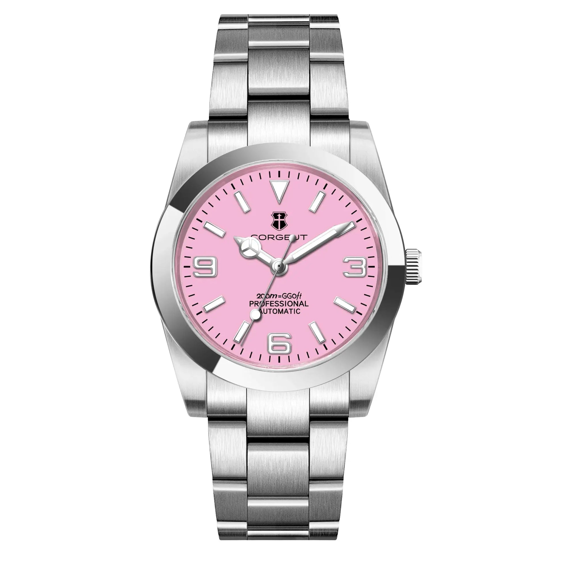 Corgeut stainless steel automatic men's wristwatch with pink dial.