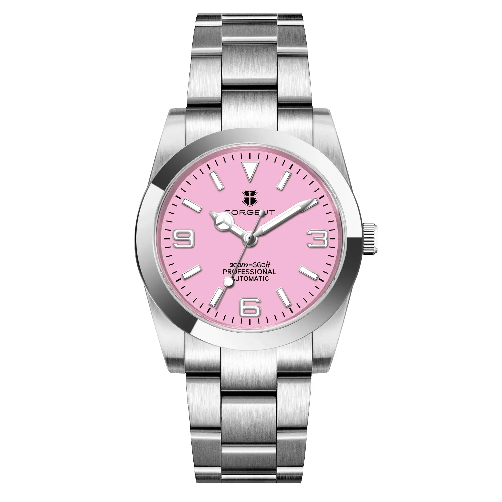Corgeut stainless steel automatic men's wristwatch with pink dial.