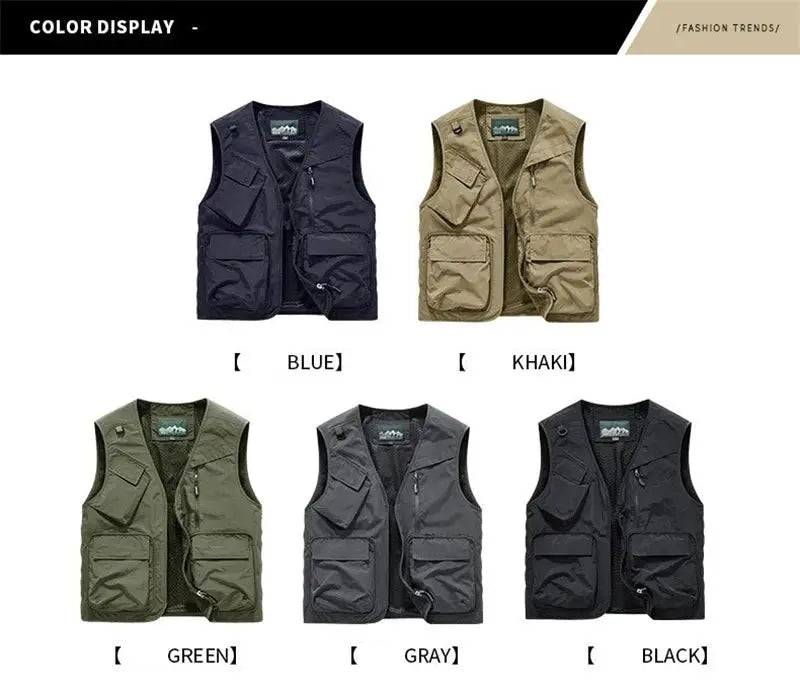 Men's vest by Simples Market; 5 solid multi-pocket sleeveless outdoor waistcoats in blue, khaki, green, gray, black