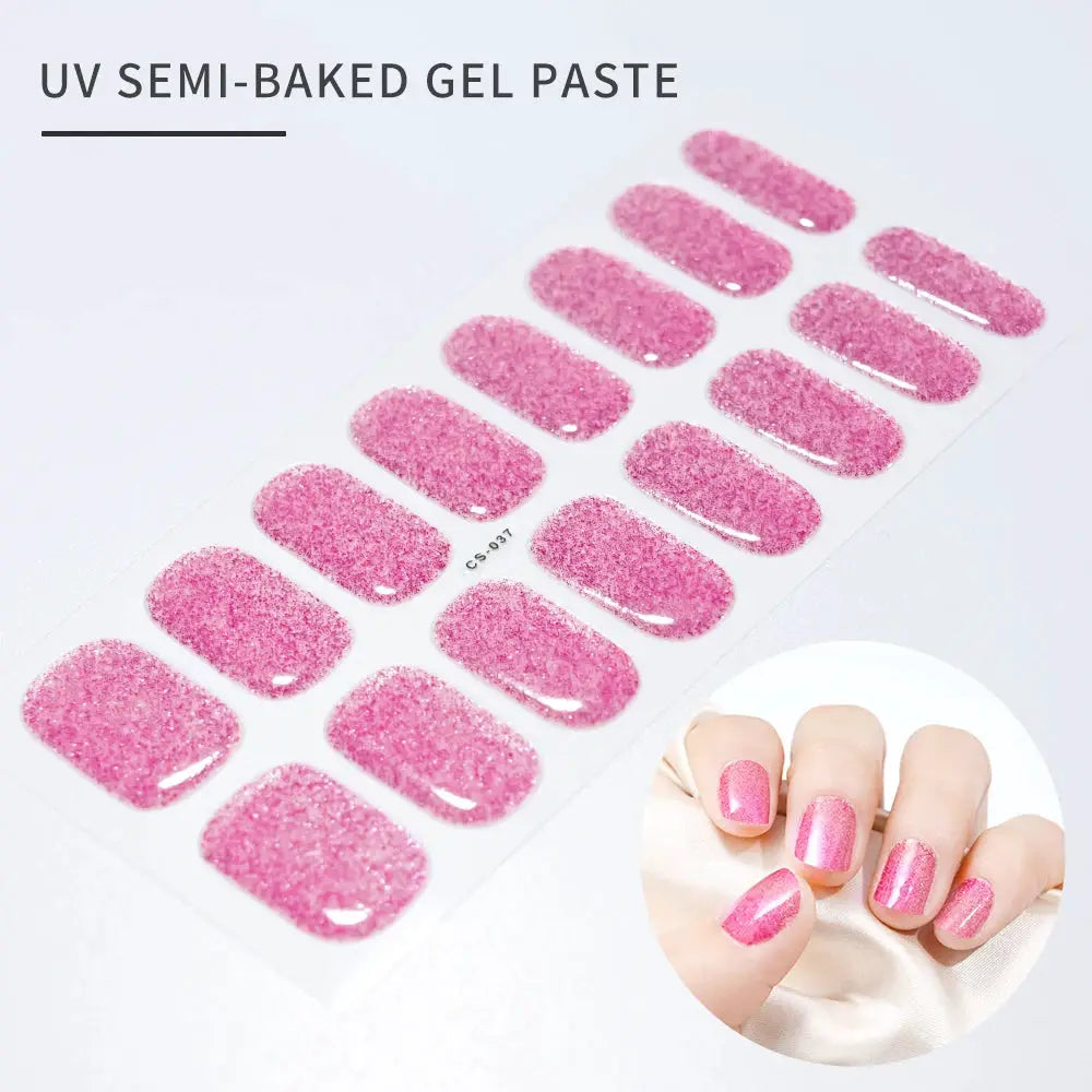 Nail sticker set by Simples Market: 16 pink glitter tips for UV gel full-cover decals