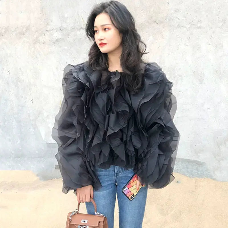 Twotwinstyle Elegant Patchwork Ruffles Chiffon Blouse O Neck Lantern