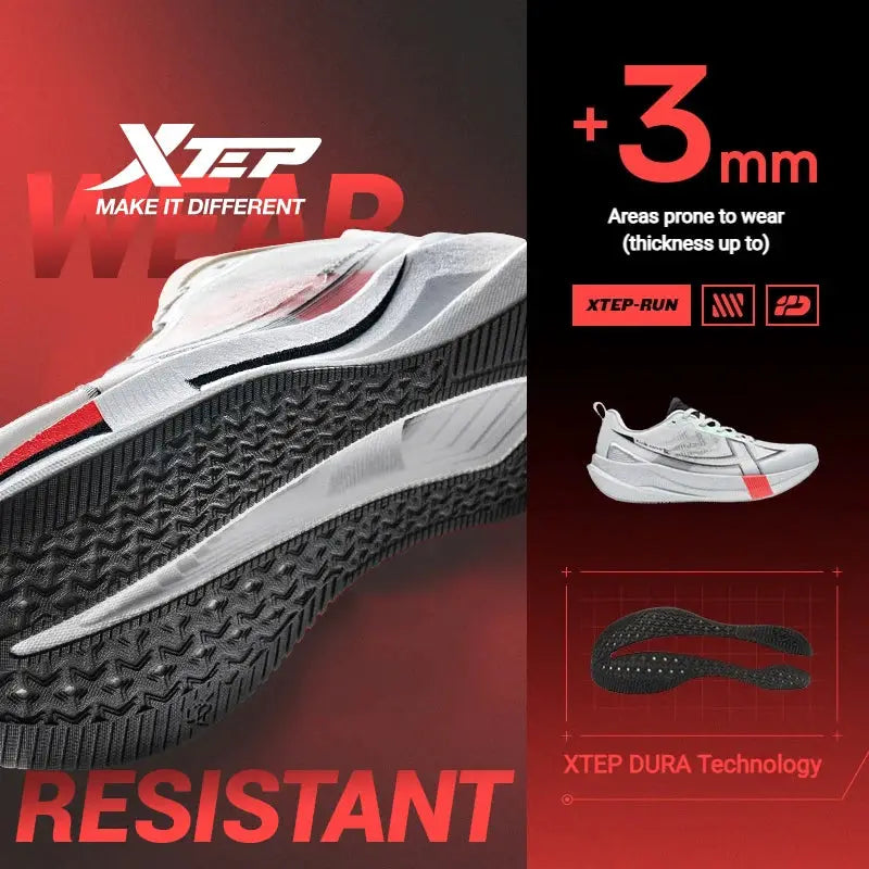 Xtep running shoes white with red accents, lightweight wear‑resistant cushioning