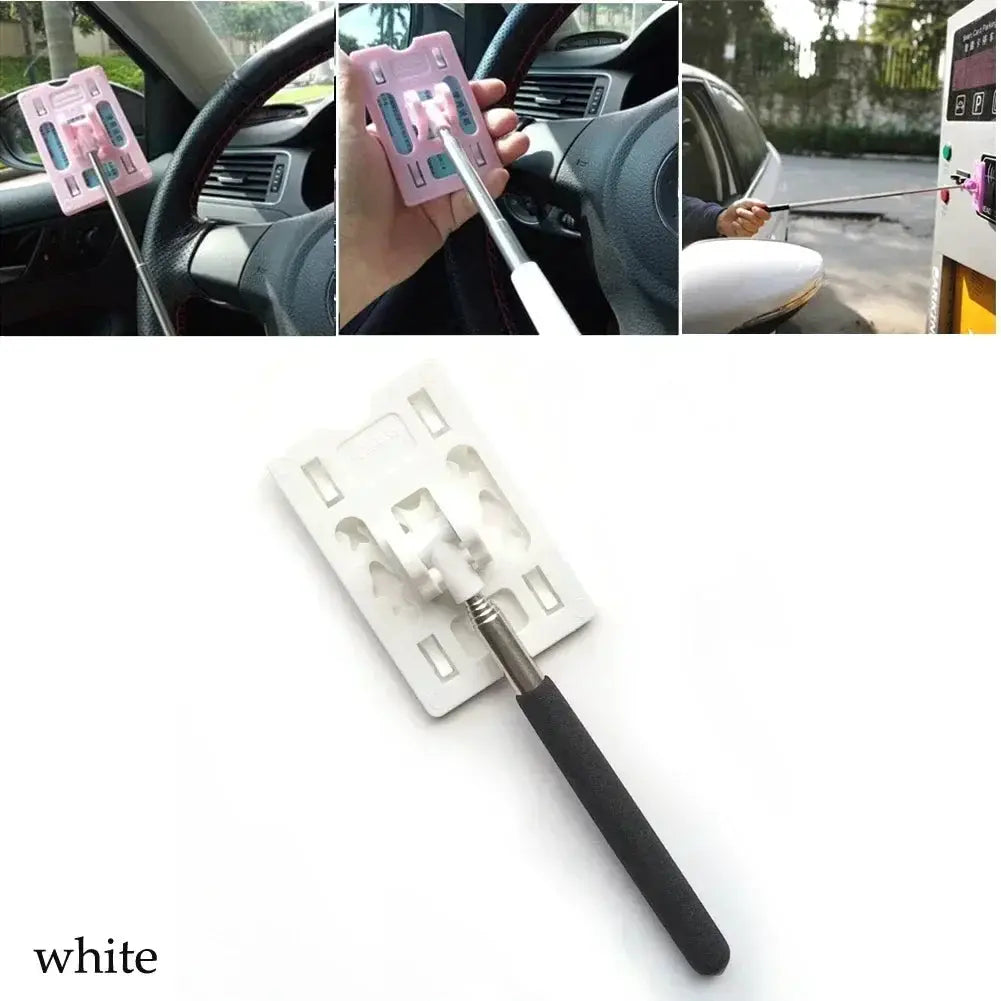 Car toll card stick with pink card holder and adjustable telescoping rod with black foam grip