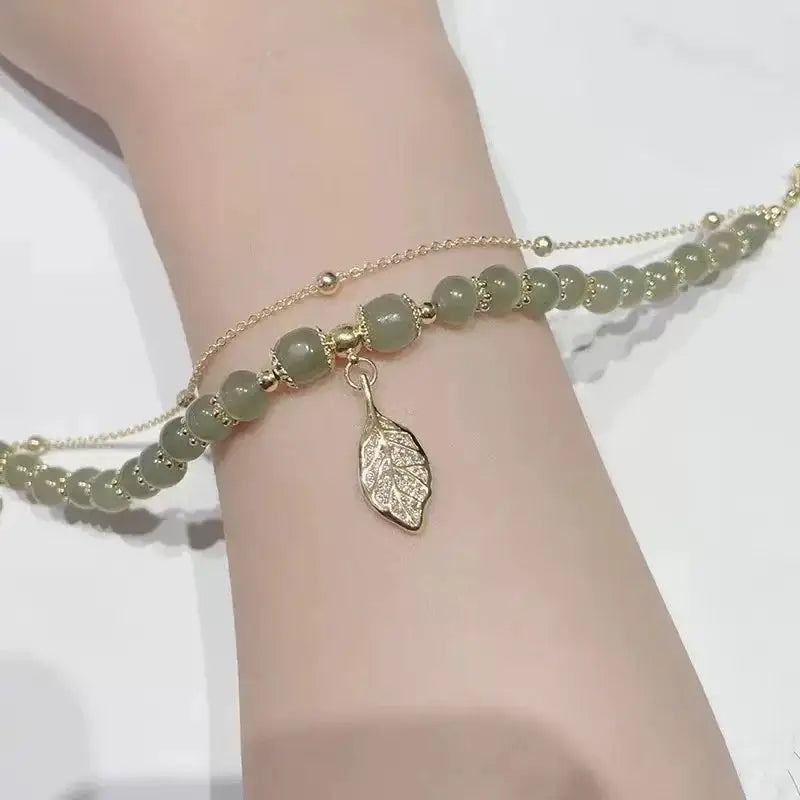 Luxury Love Gold Tone Hotan Jade Ladies Bracelet Leaf Motif Double Layer Jewelry Gift For Women