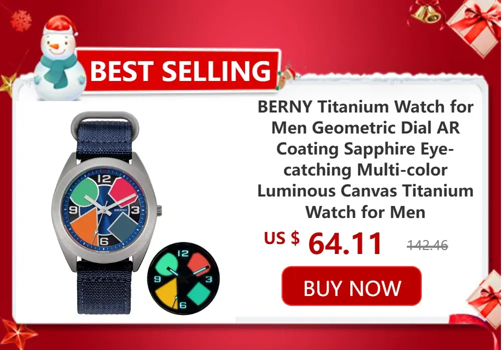 BERNY men's titanium wristwatch with blue fabric strap and multicolor geometric dial; two watches shown
