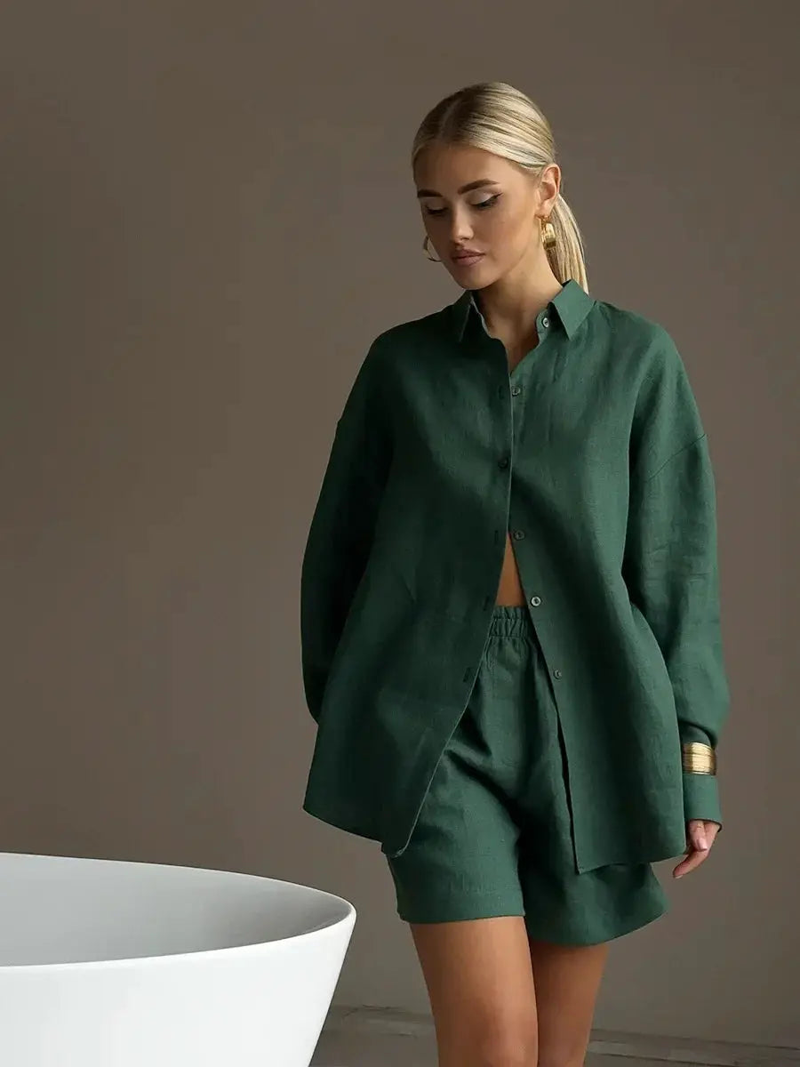 Bornladies Cotton Shorts Set Lapel Long Sleeve Shirt Elastic Waist
