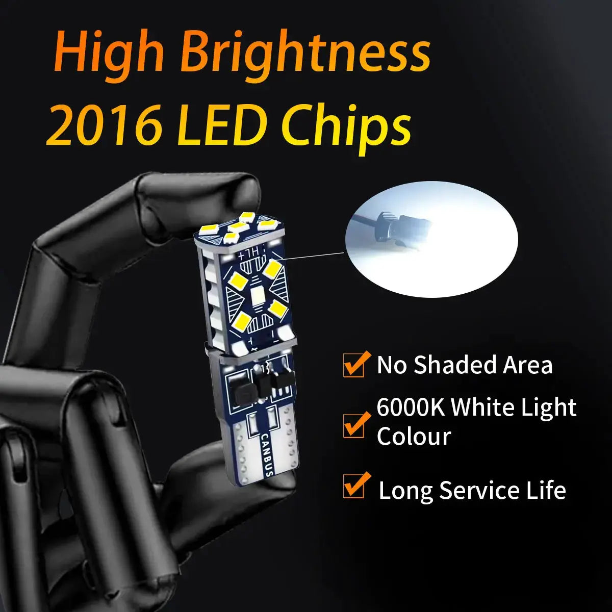 2-pack T10 LED bulbs with 15 SMD chips on blue PCB, gloved hand holding, featuring 6000K white light and no shaded area