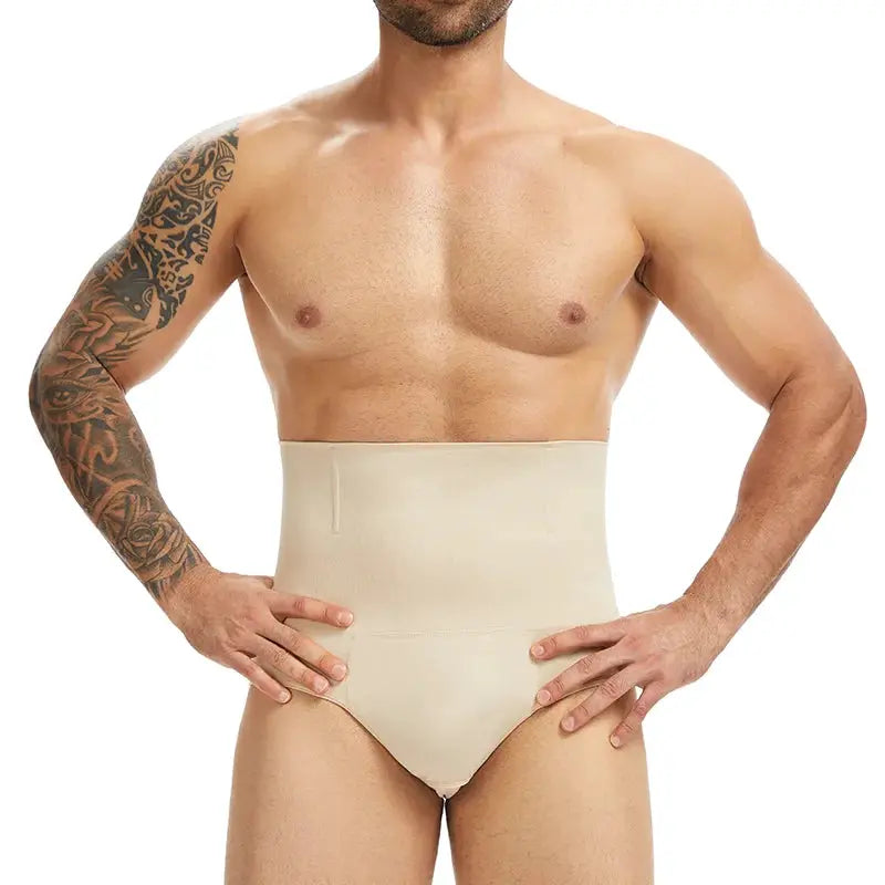 Miss Moly men's high-waist shapewear shorts in beige with double-layer tummy control and breathable 3D pouch.
