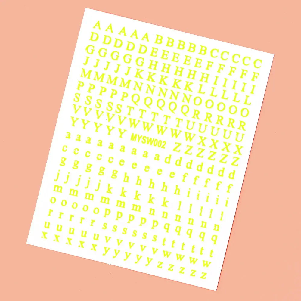 Nail sticker sheet with 26 yellow English alphabet decals, self-adhesive 8x10 cm, Simples Market