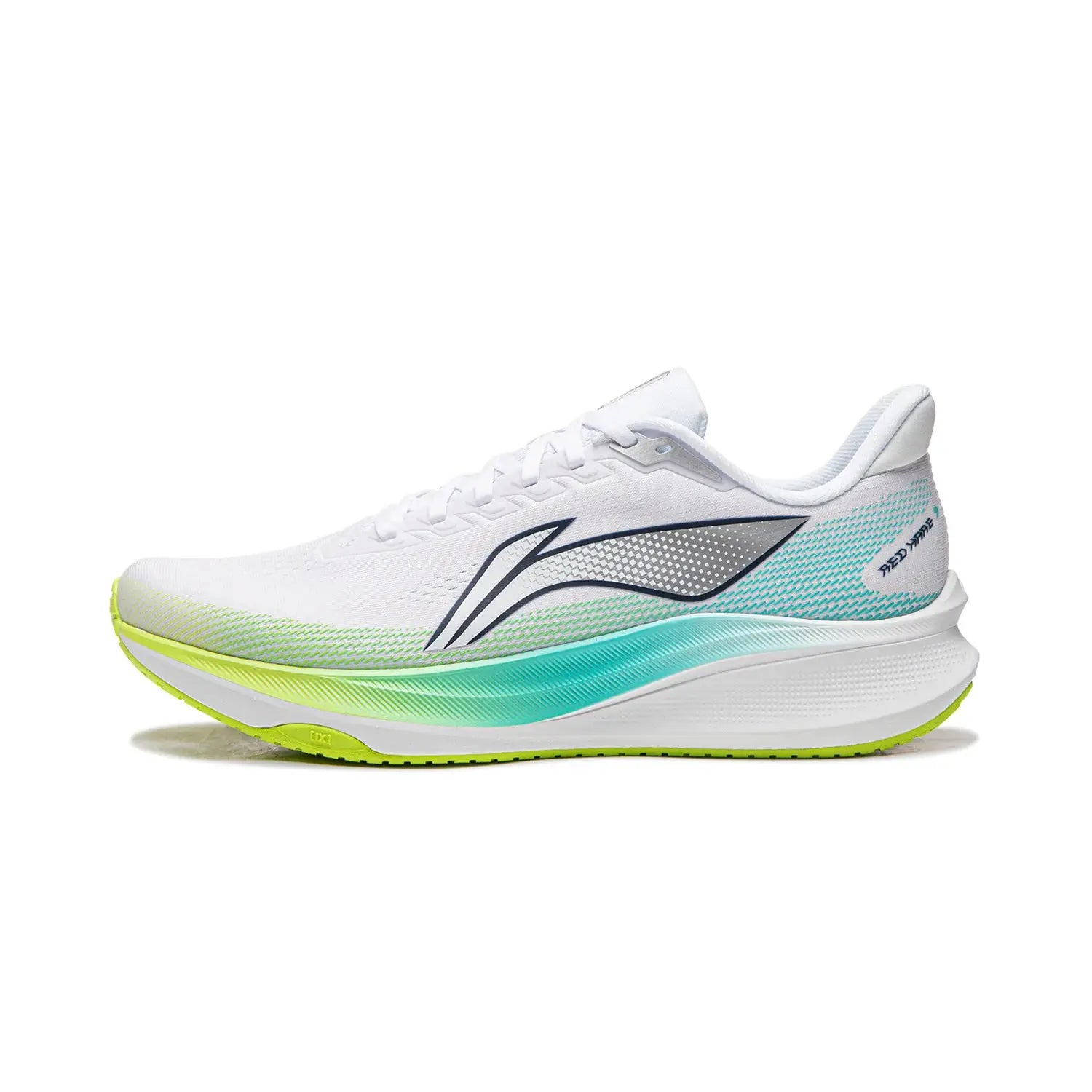 Li-Ning men's racing running shoes in white with neon lime outsole and aqua gradient midsole; breathable mesh upper.