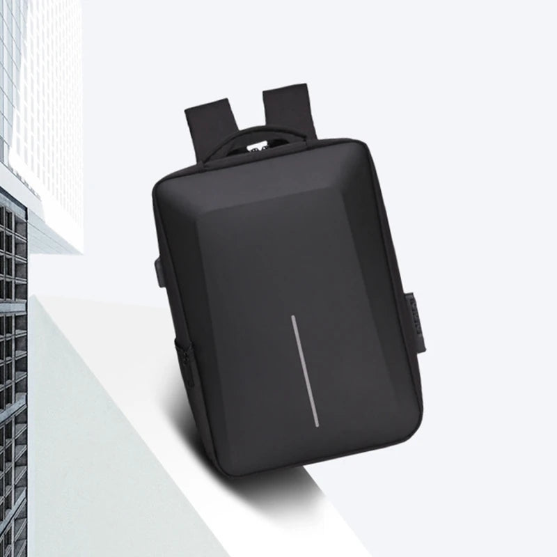 Men's black hard-shell anti-theft backpack with USB charging for travel