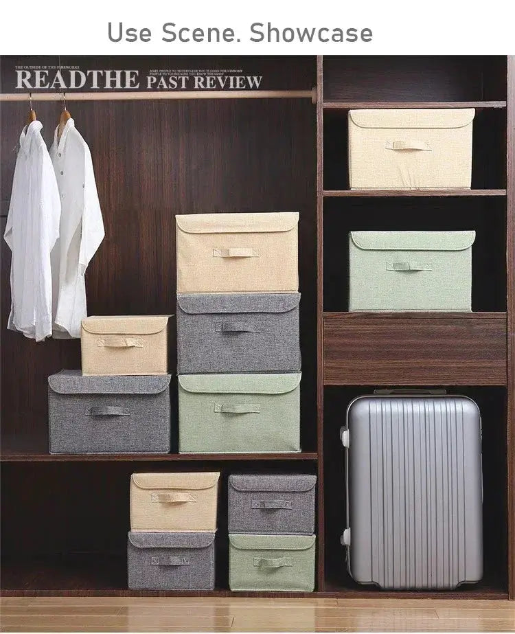 Simples Market foldable cotton-linen fabric storage boxes with lids in beige, gray, and green, arranged in a wardrobe.