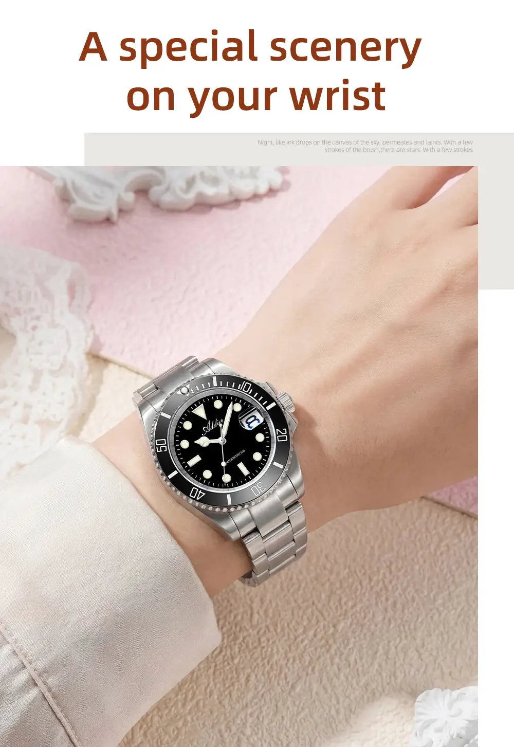 Addies women's quartz watch with stainless steel bracelet, black luminous dial, ceramic bezel, 50m water resistant.