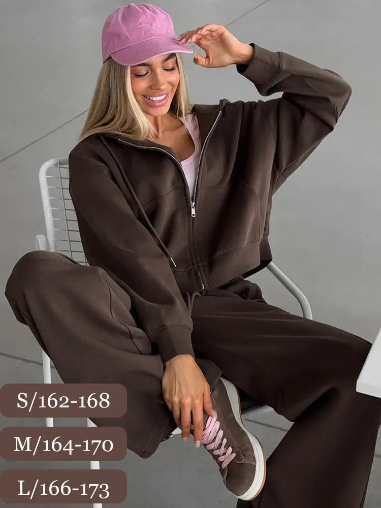 Autumn Women Tracksuit With Zipper Hooded Jacket And Wide Leg Trousers Two Piece Set Yellow Sportswear