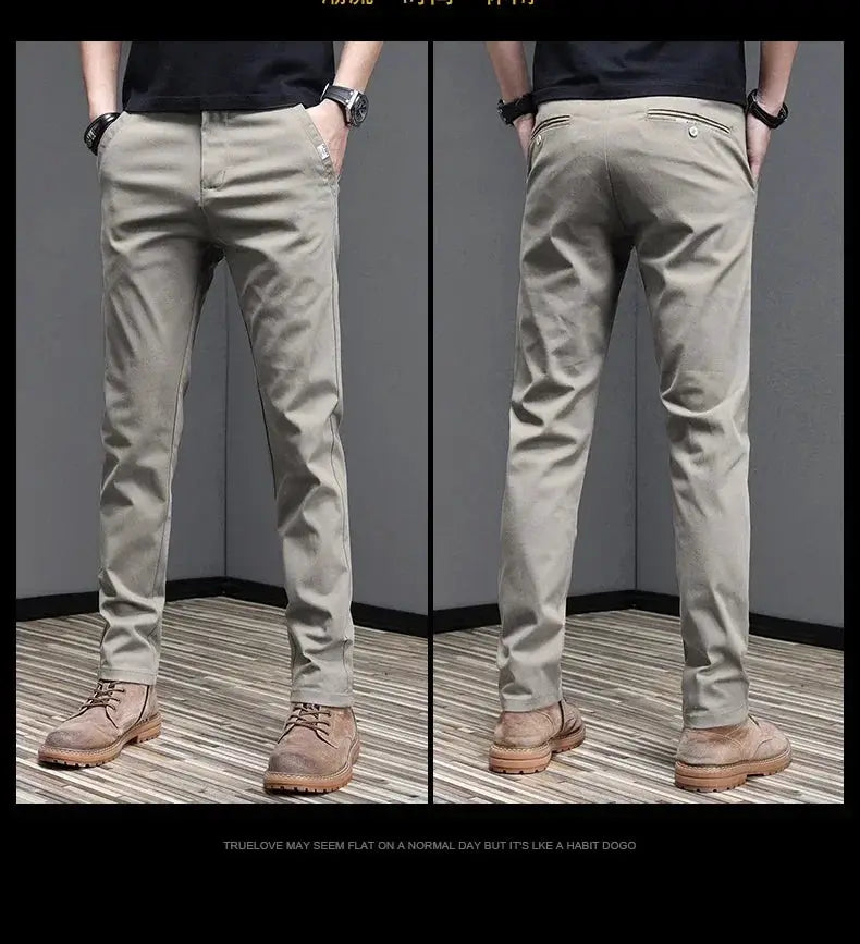 Men's slim-fit casual pants by Simples Market, gray khaki cotton-stretch fabric, front and back views.