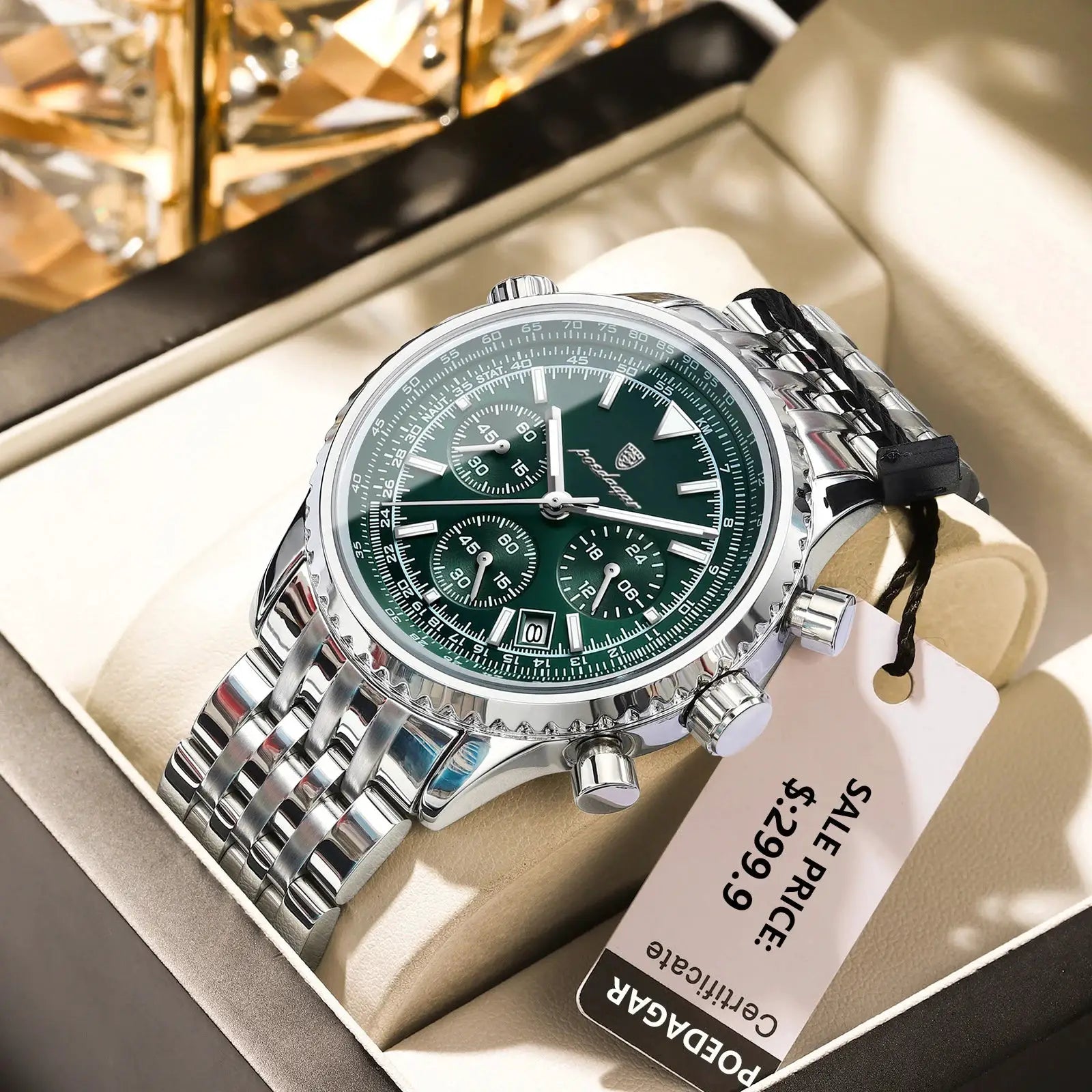 POEDAGAR men's stainless steel chronograph watch with green dial, date window, and luminous markers.