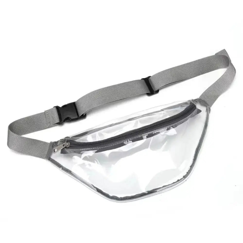Transparent PVC waist bag with gray adjustable strap and zipper pocket, waterproof fanny pack