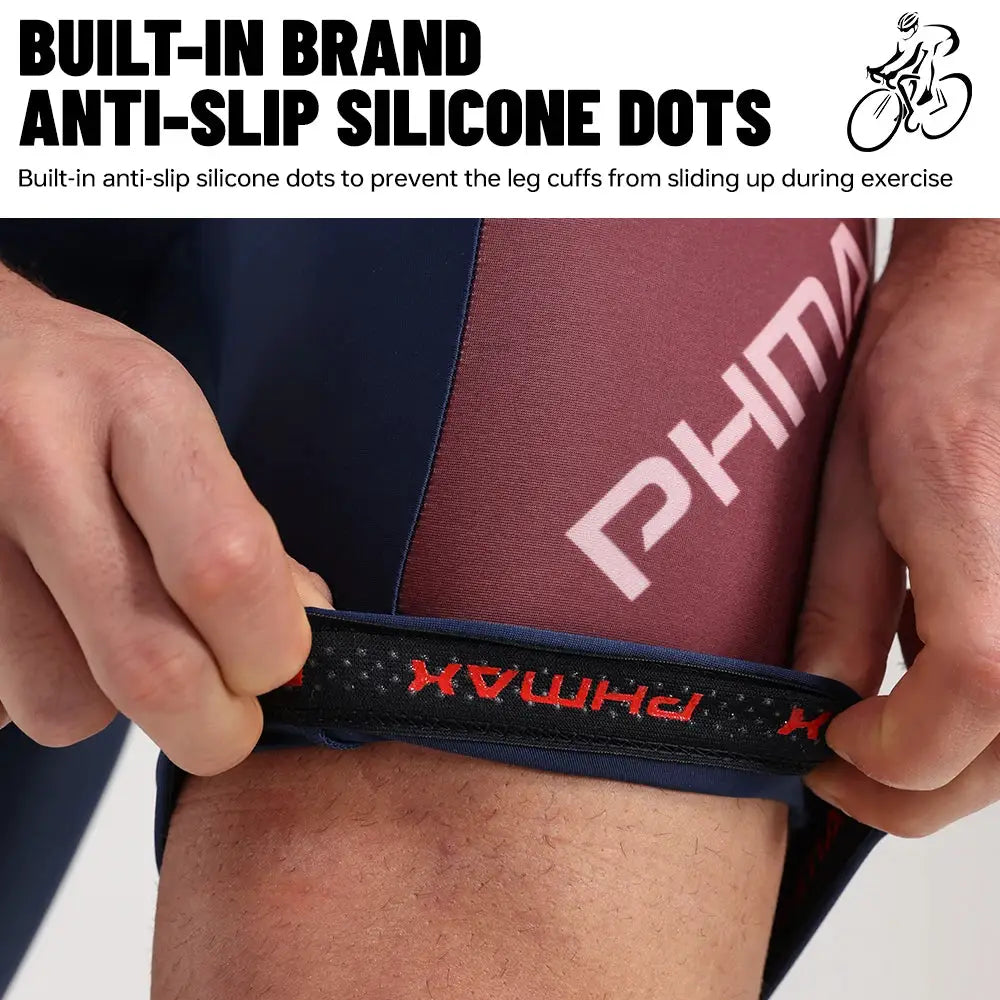 PHMAX men's cycling bib shorts in navy with burgundy panels and silicone grip strap