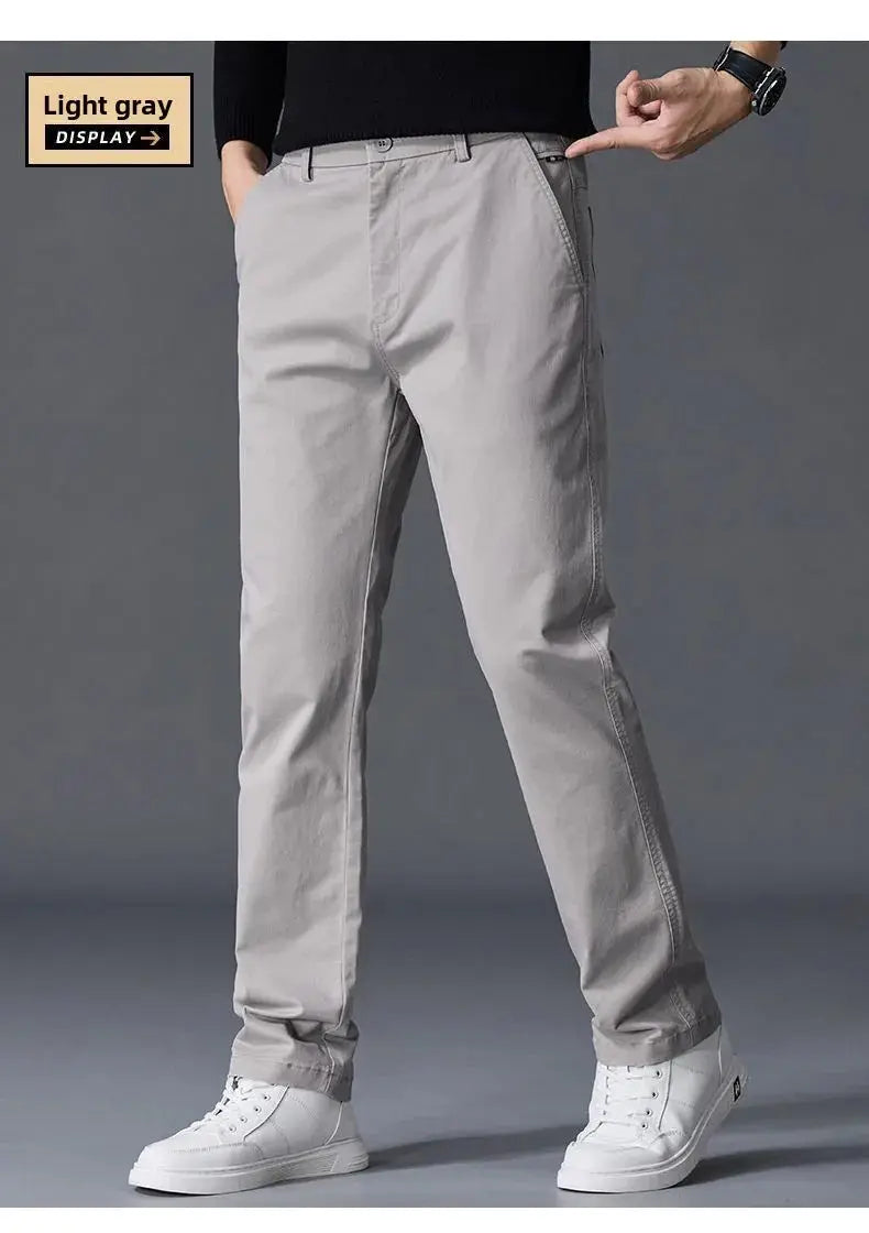Men's light gray cotton pants, classic straight fit, solid color
