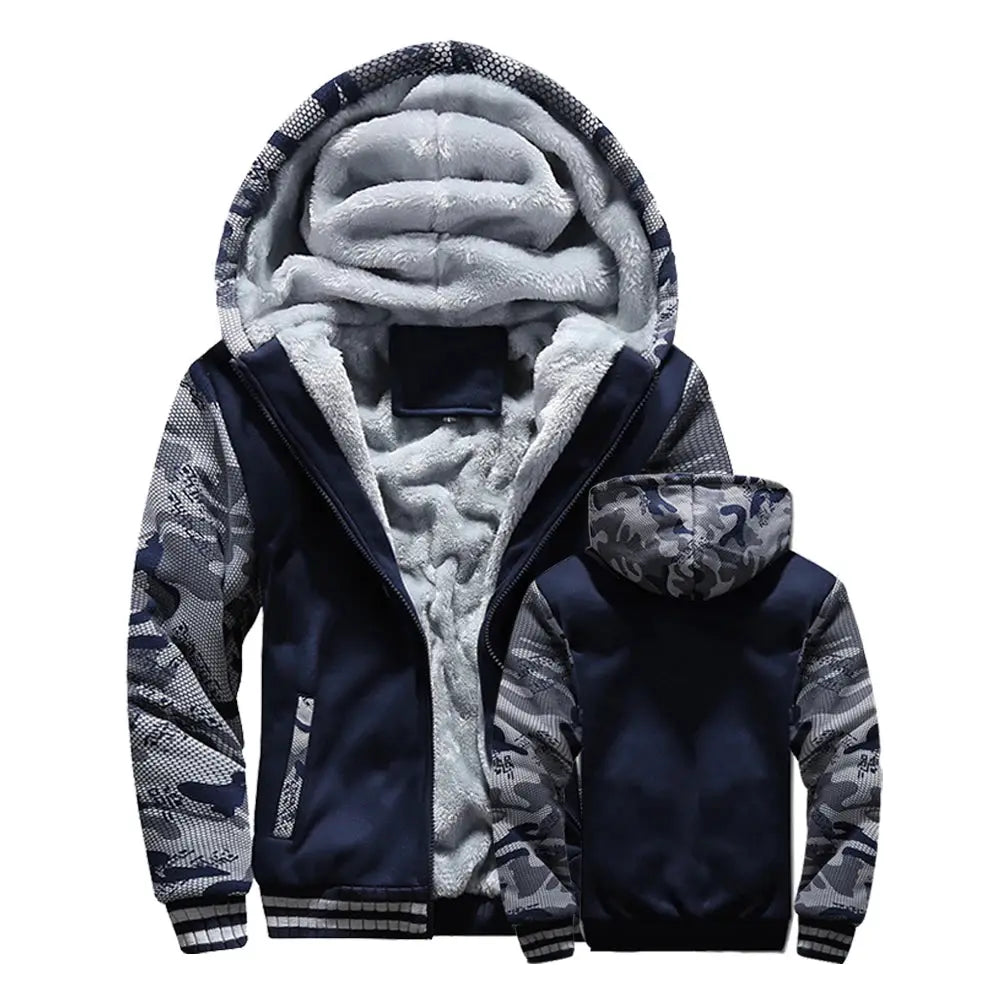 Men's winter jacket Simples Market navy zip hooded coat with camo sleeves and thick grey fleece lining