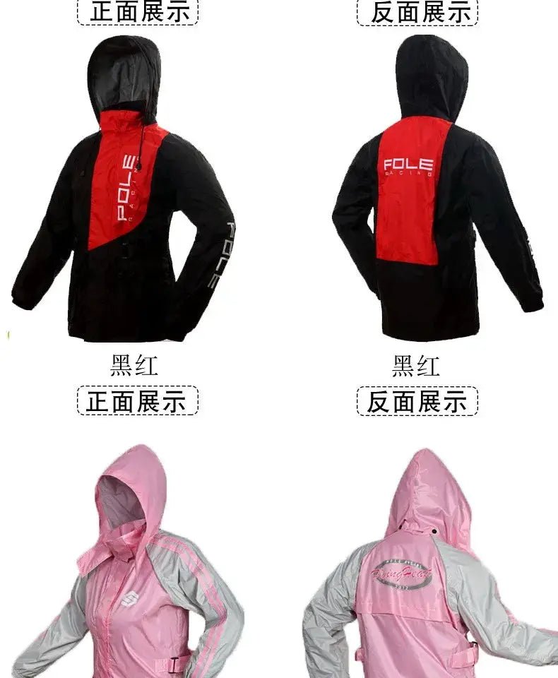 POLE motorcycle raincoat set, breathable waterproof with reflective panels, black-red and pink-gray hooded jackets