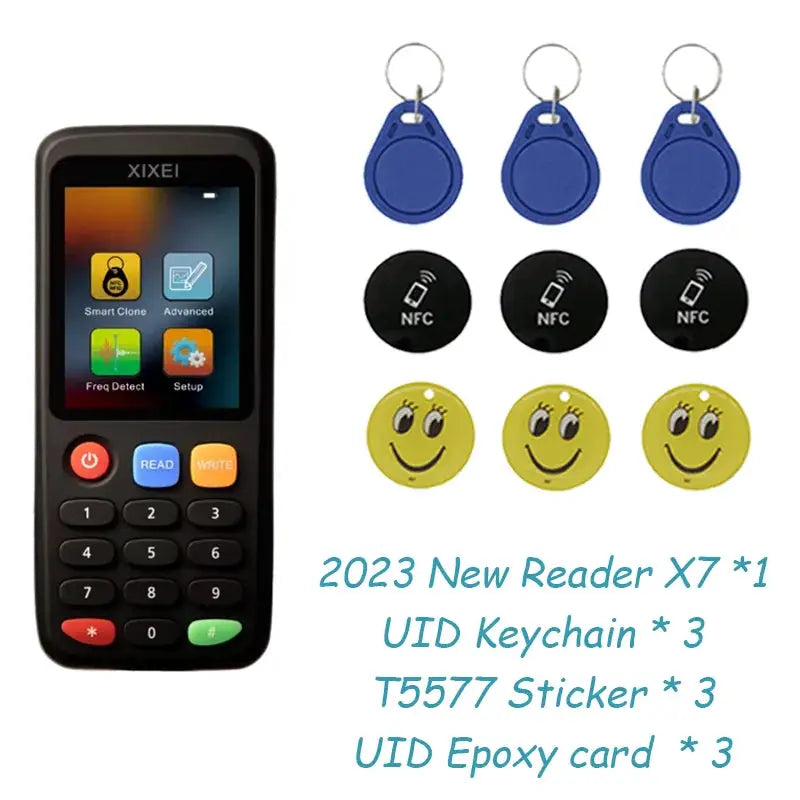 X7 RFID reader by Simples Market; 1 device with 3 blue key fobs, 3 black NFC tags, 3 yellow smiley epoxy cards