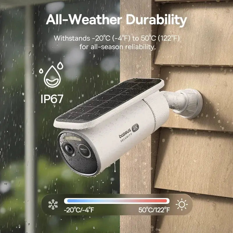 Baseus Security S2 4K outdoor camera with solar panel, white finish, IP67 waterproof, wireless Wi‑Fi
