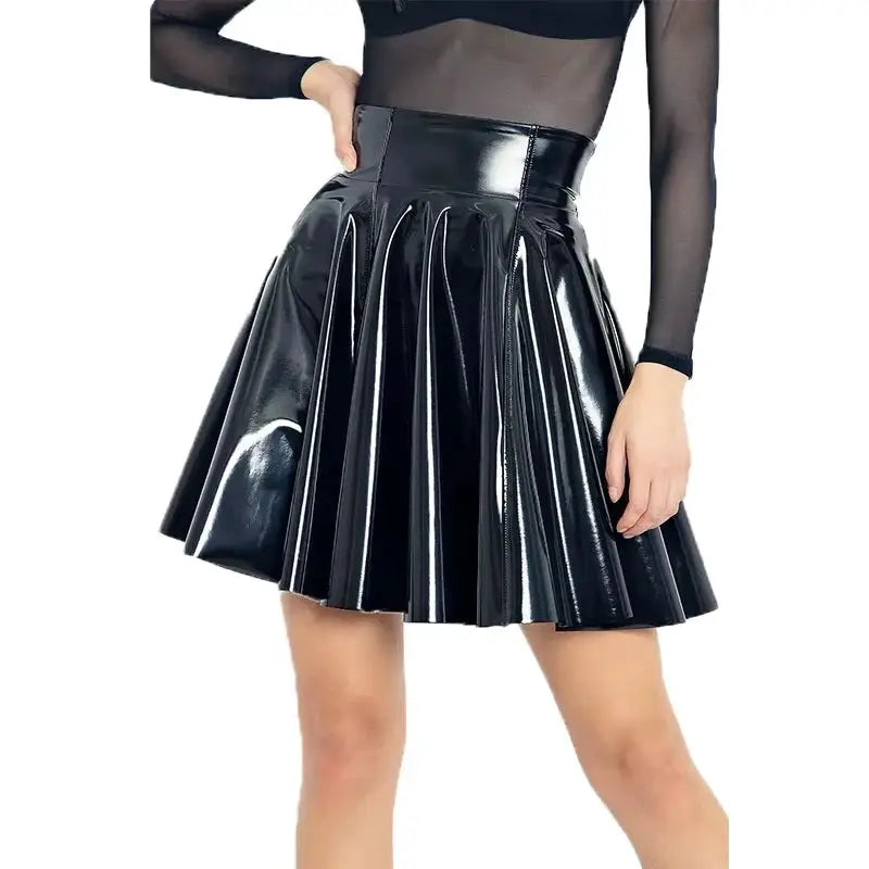 Women's Plus Size Pleated PU Patent Faux Leather Mini Skirt by Simples Market, shiny black A-line umbrella design.