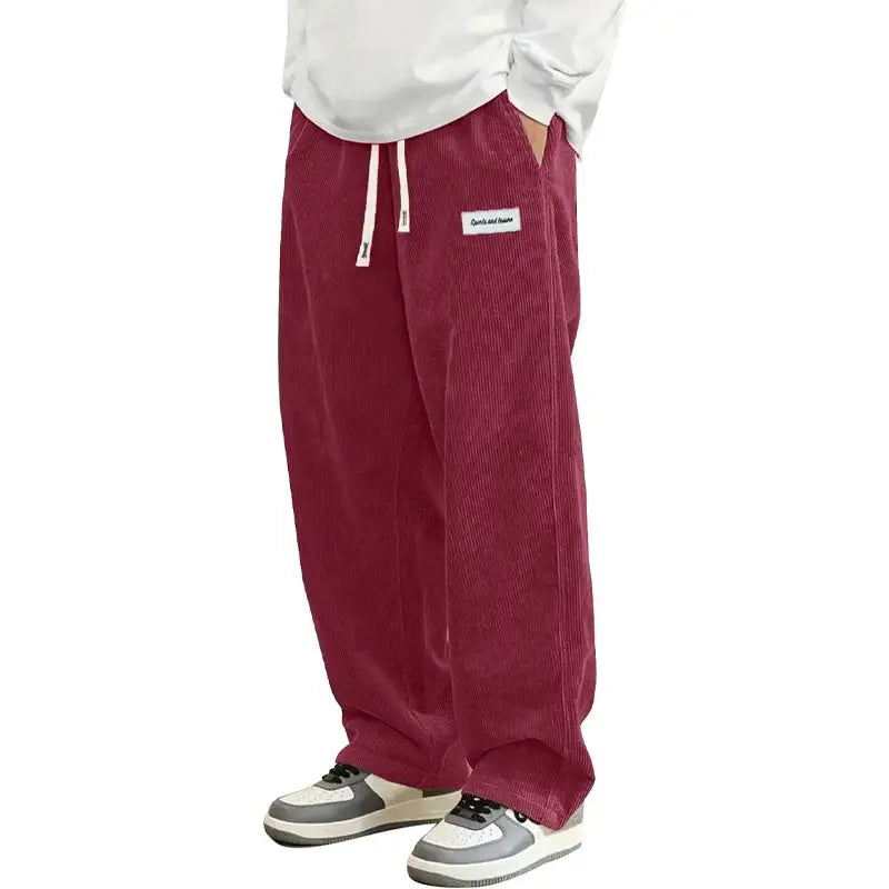 Men's burgundy corduroy casual pants, Simples Market, loose-fit baggy with elastic drawstring waist