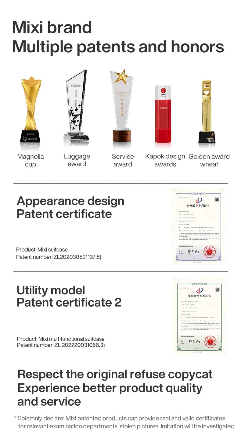 Mixi hard-shell suitcase by Simples Market with patent certificates and awards imagery