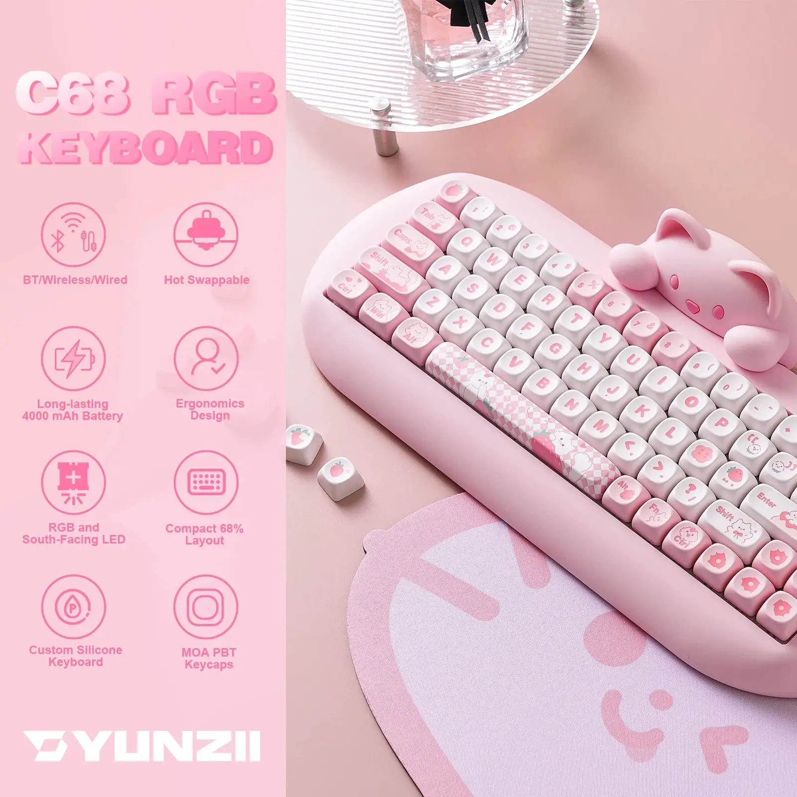 YUNZII C68 wireless gaming keyboard, pink silicone kitty keyboard with RGB, hot-swappable 65% layout