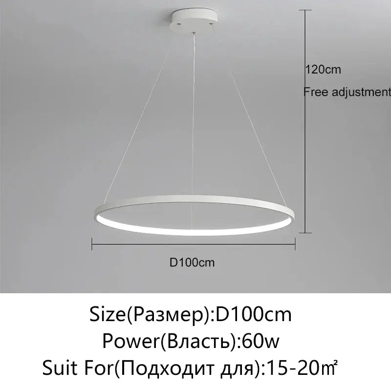 White circular LED pendant light, 100 cm diameter, 60W, adjustable height up to 120 cm.