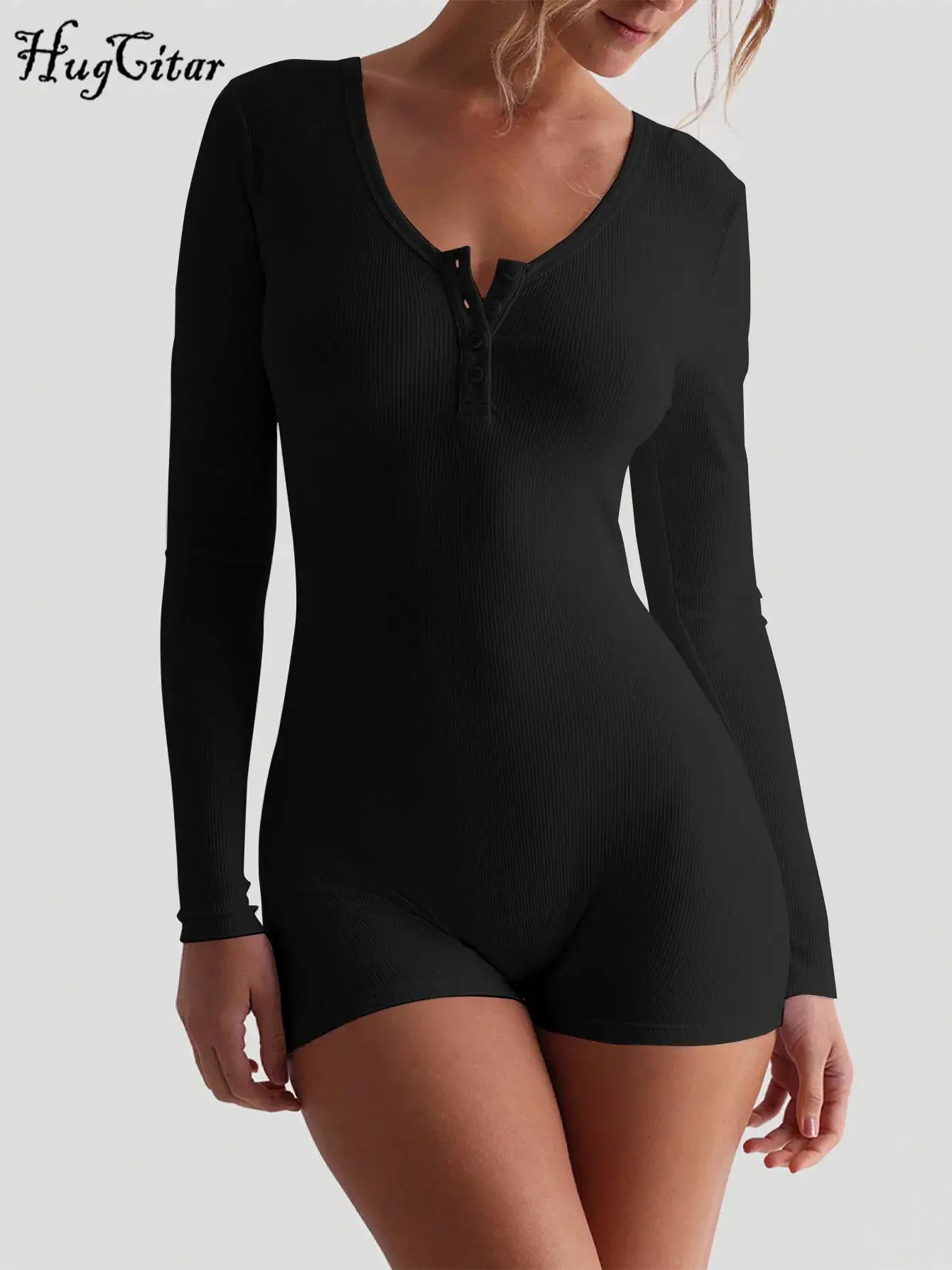 Hugcitar black ribbed long-sleeve playsuit with square collar and button placket, Simples Market