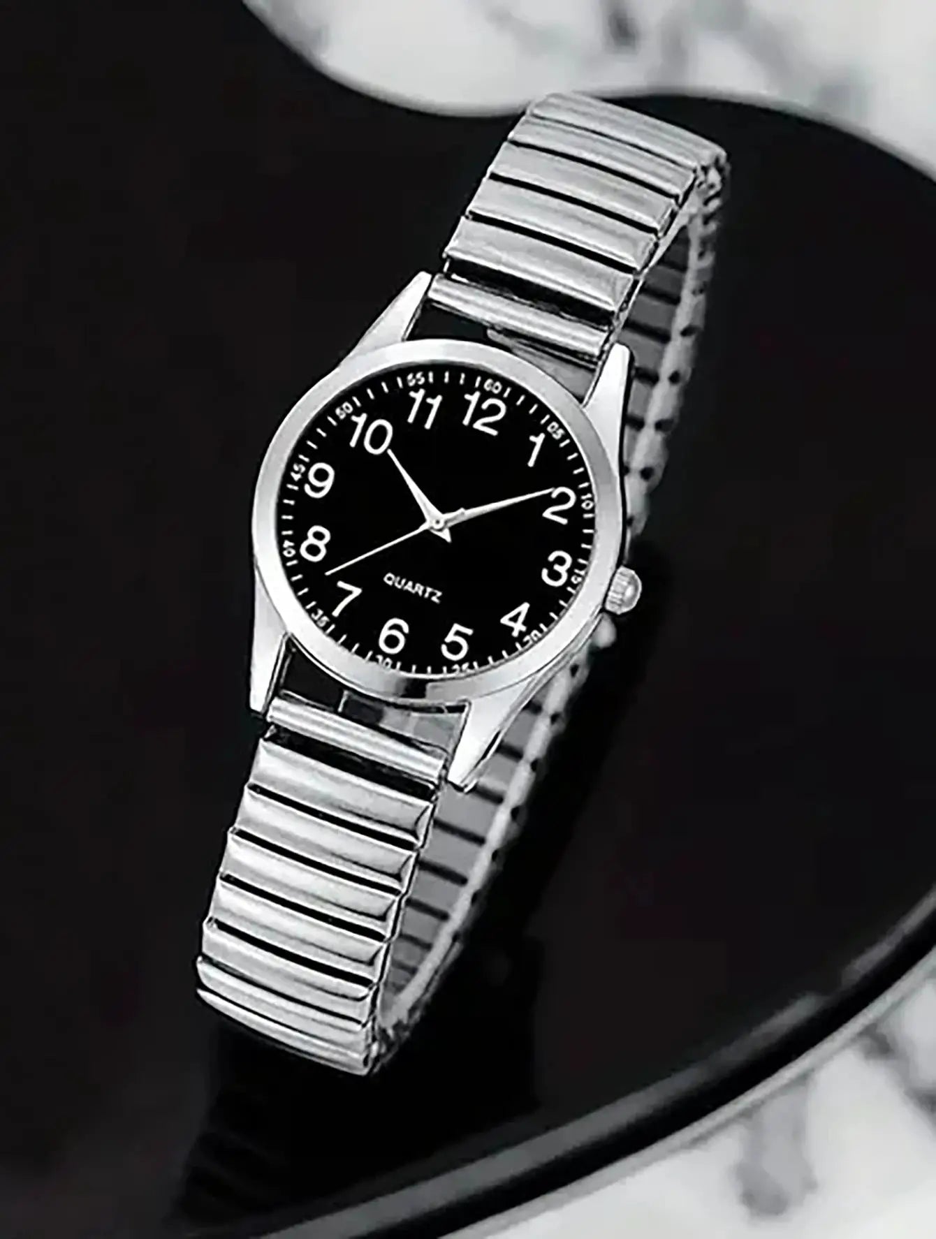 LuxeTime Quartz Watch Set For Men And Women With Black Dial Arabic Numerals And Elastic Alloy Band Gift Set