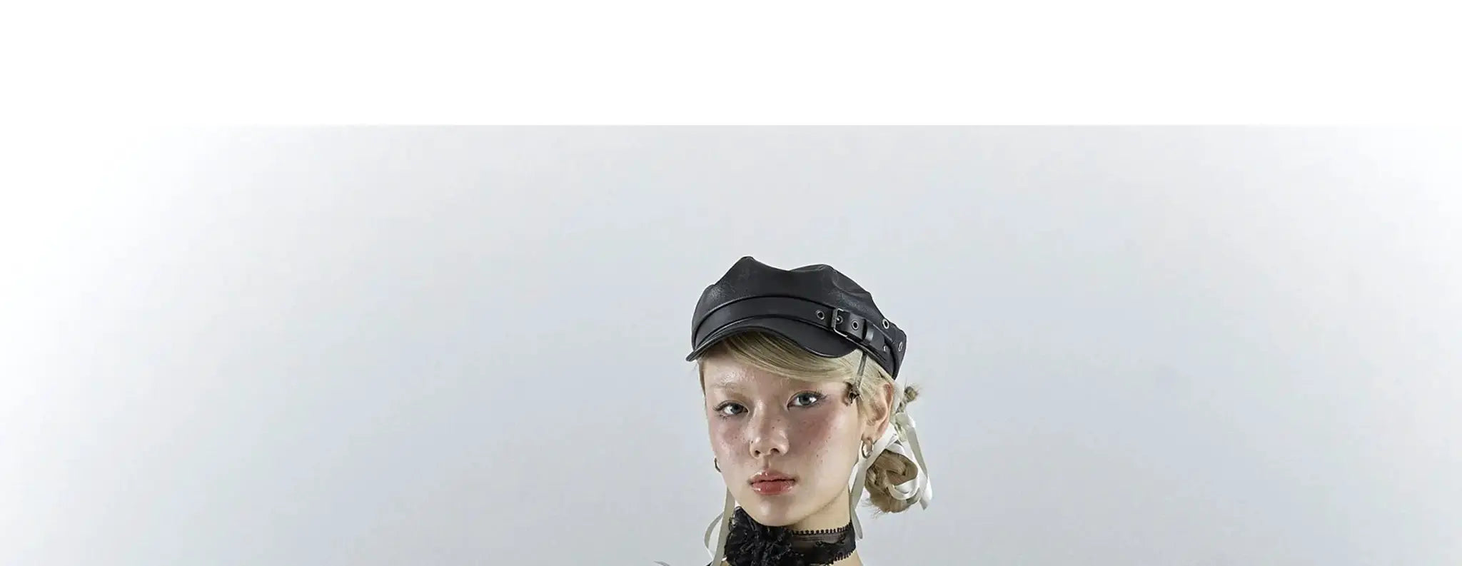 Karrcat Gothic Black Lace Shirt on model, with black cap and lace neck detail for dark emo fashion.