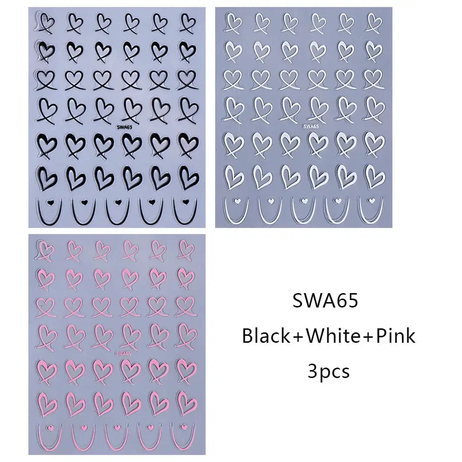 Simples Market 3pcs Valentine’s Day nail art stickers set with black, white and pink heart and line decals