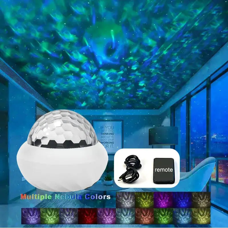 Simples Market Northern Light RGB projector lamp with white base and silver dome; remote, USB powered, 360° rotation