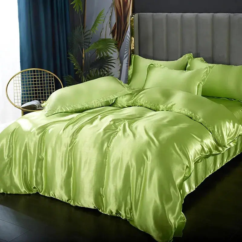 Silk satin bedding set by Simples Market in lime green; duvet cover, sheets and pillowcases (solid color)