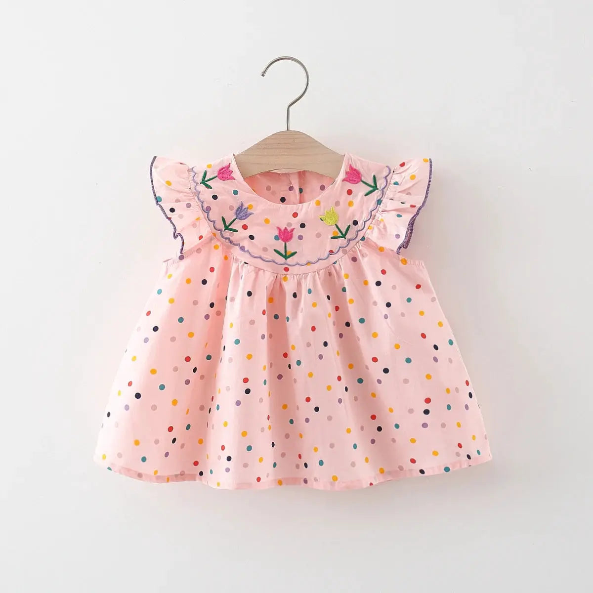 Cotton Baby Dress With Flower Embroidery And Colorful Polka Dot Print For Comfortable Summer Casual Wear