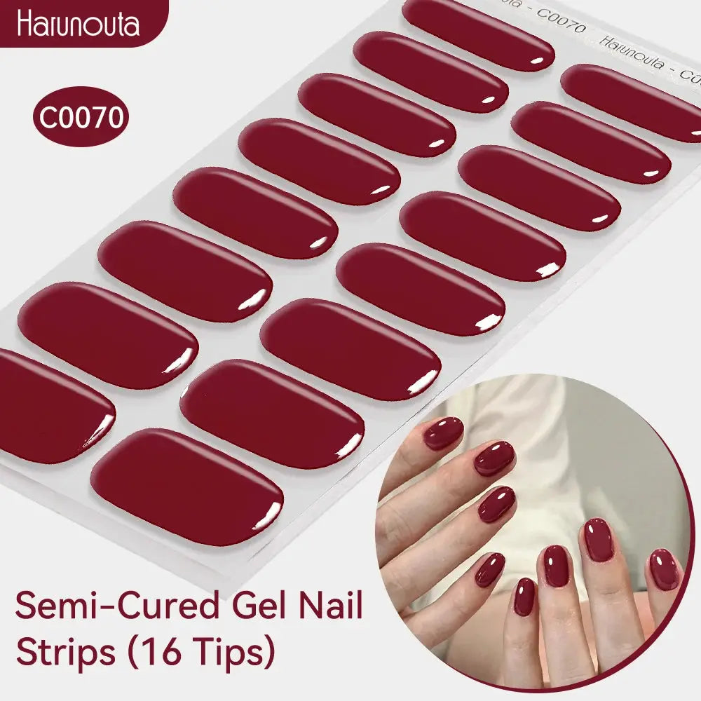 Semi-Cured Gel Nail Strips Harunouta gradient auroras burgundy, glossy finish, 16 tips