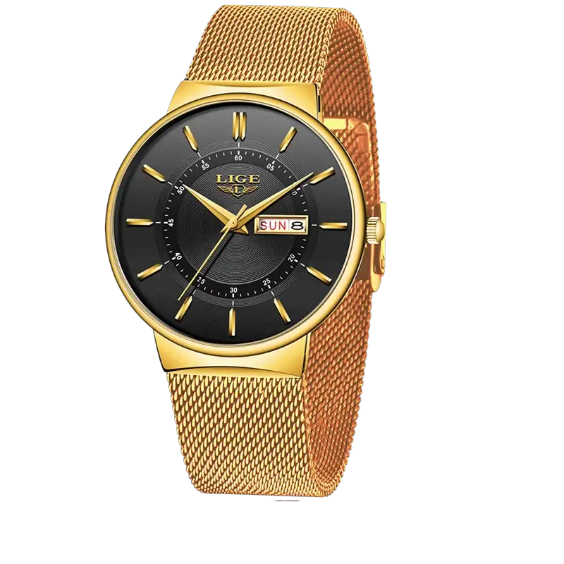 LIGE men's quartz wristwatch with gold mesh strap, black dial, and date window.
